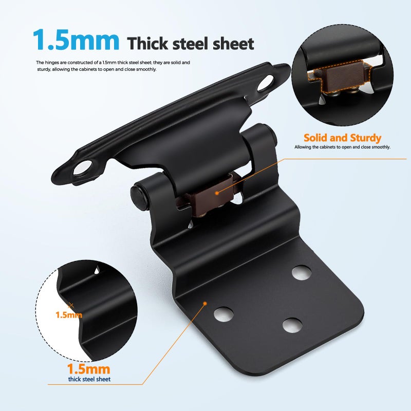 Ravinte Hardware 20 Pack (10 Pairs) 3/8 Inch Insert Kitchen Cabinet Hinges, Matte Black Self Closing Hinges for Kitchen Cabinet Doors, Semi-Concealed Cupboard Hardware, Face Mount Hardware, Black - Image 4